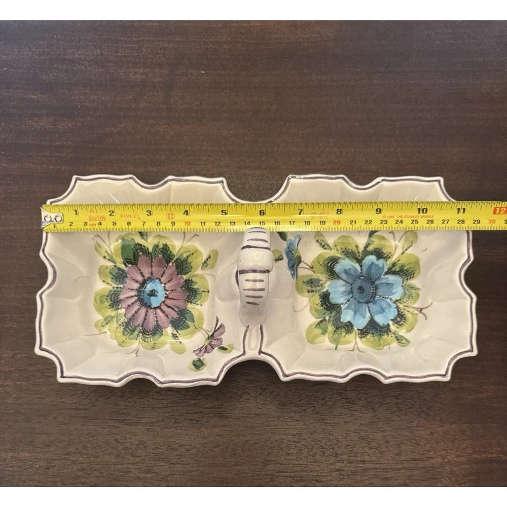 Italian Ceramic Divided Serving Dish Hand Painted Floral Bowl Made in Italy VTG